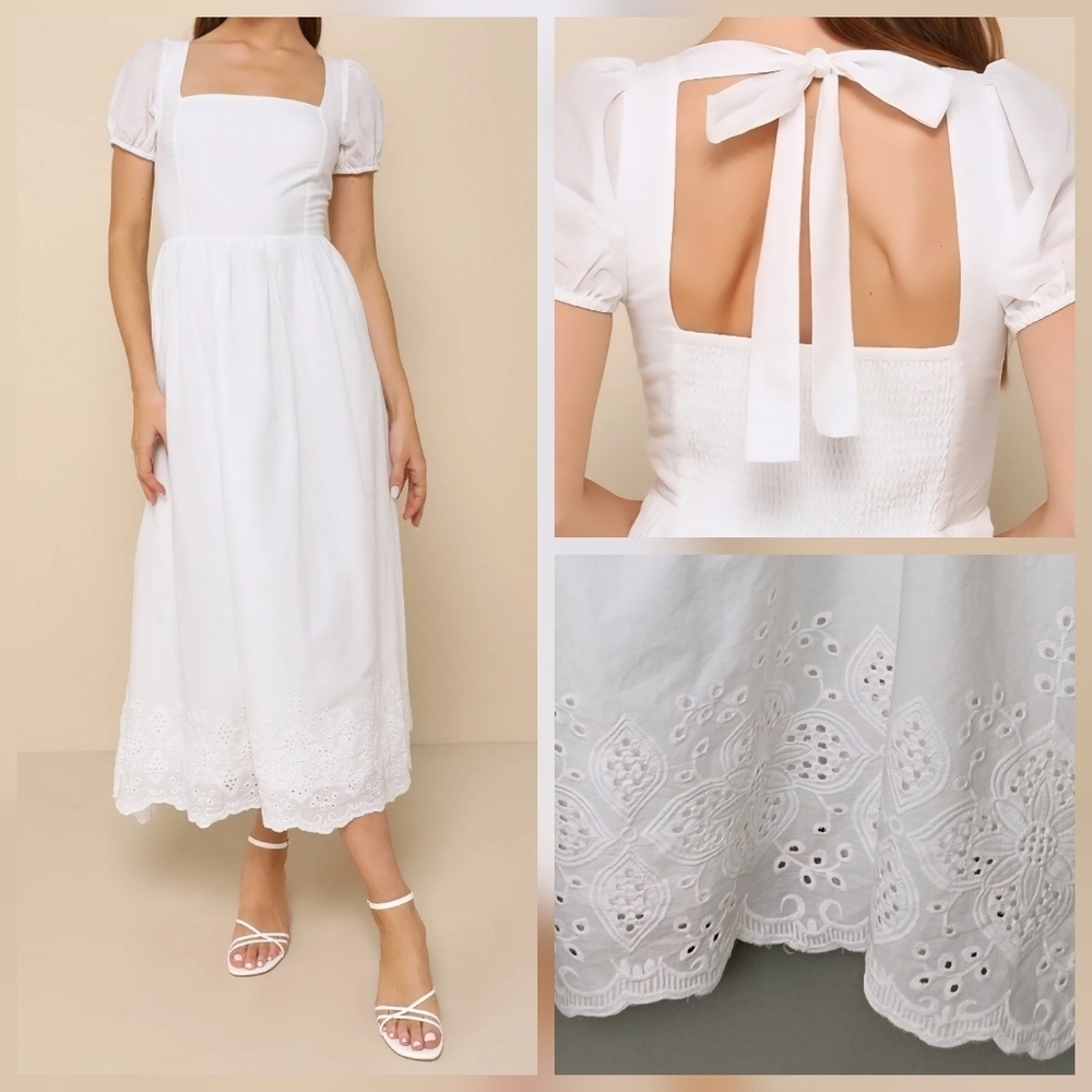 Lulus Stylish Merriment White Puff Sleeve Embroidered Midi Dress - Picture 1 of 12